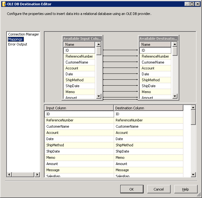 Input and destination columns in the OLE DB Destination Editor.