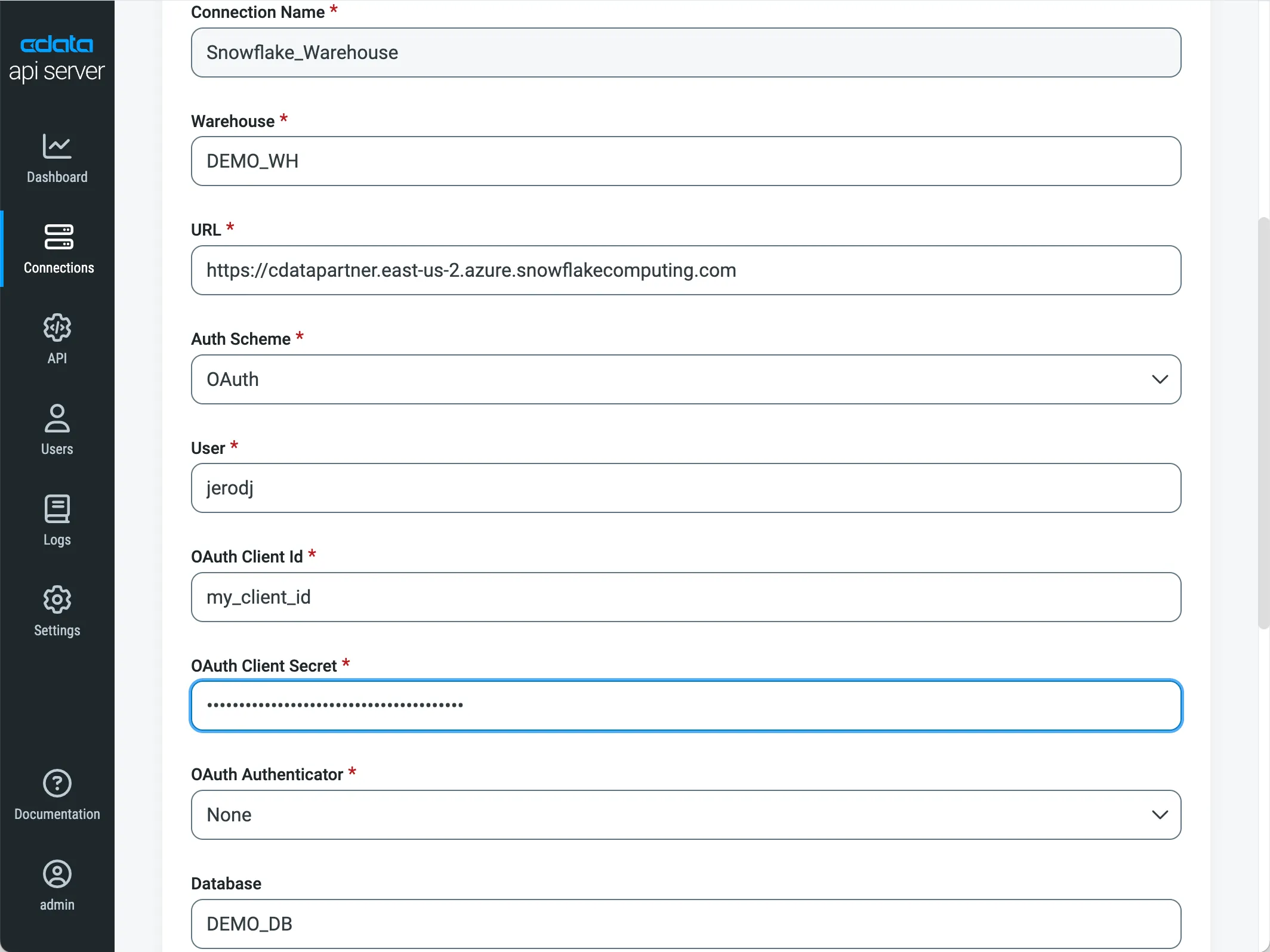 Configuring the Snowflake Connection in API Server