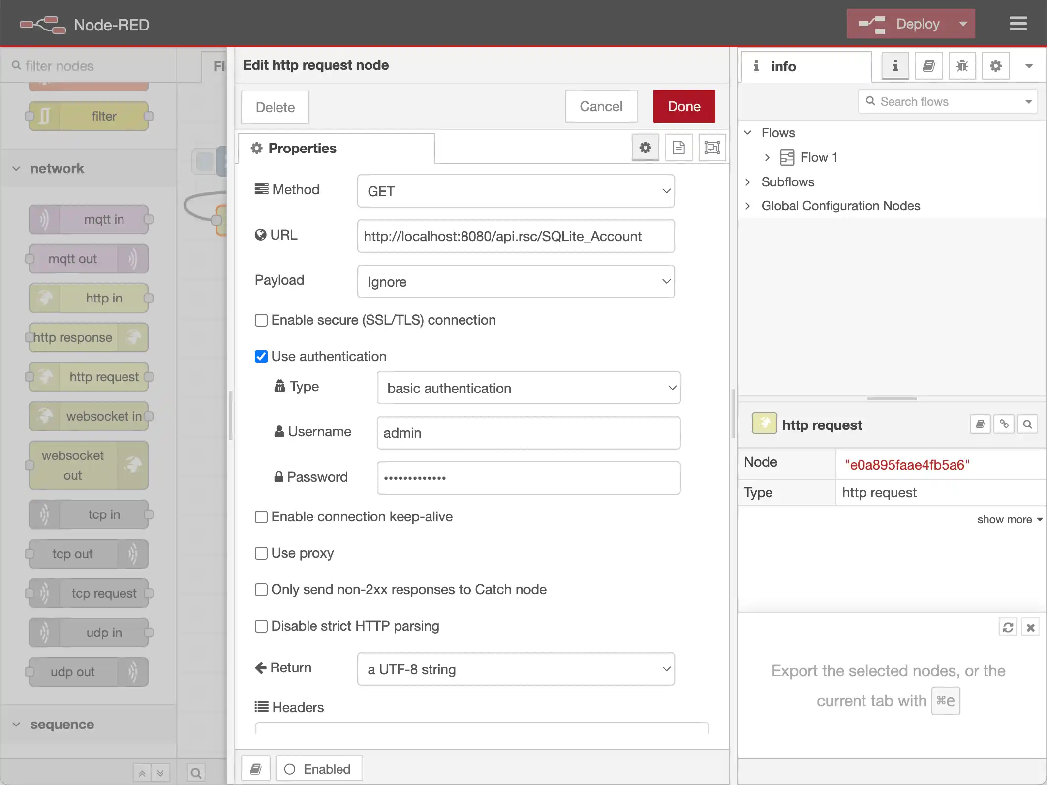 Configure the http request Node to GET SQLite Account Data