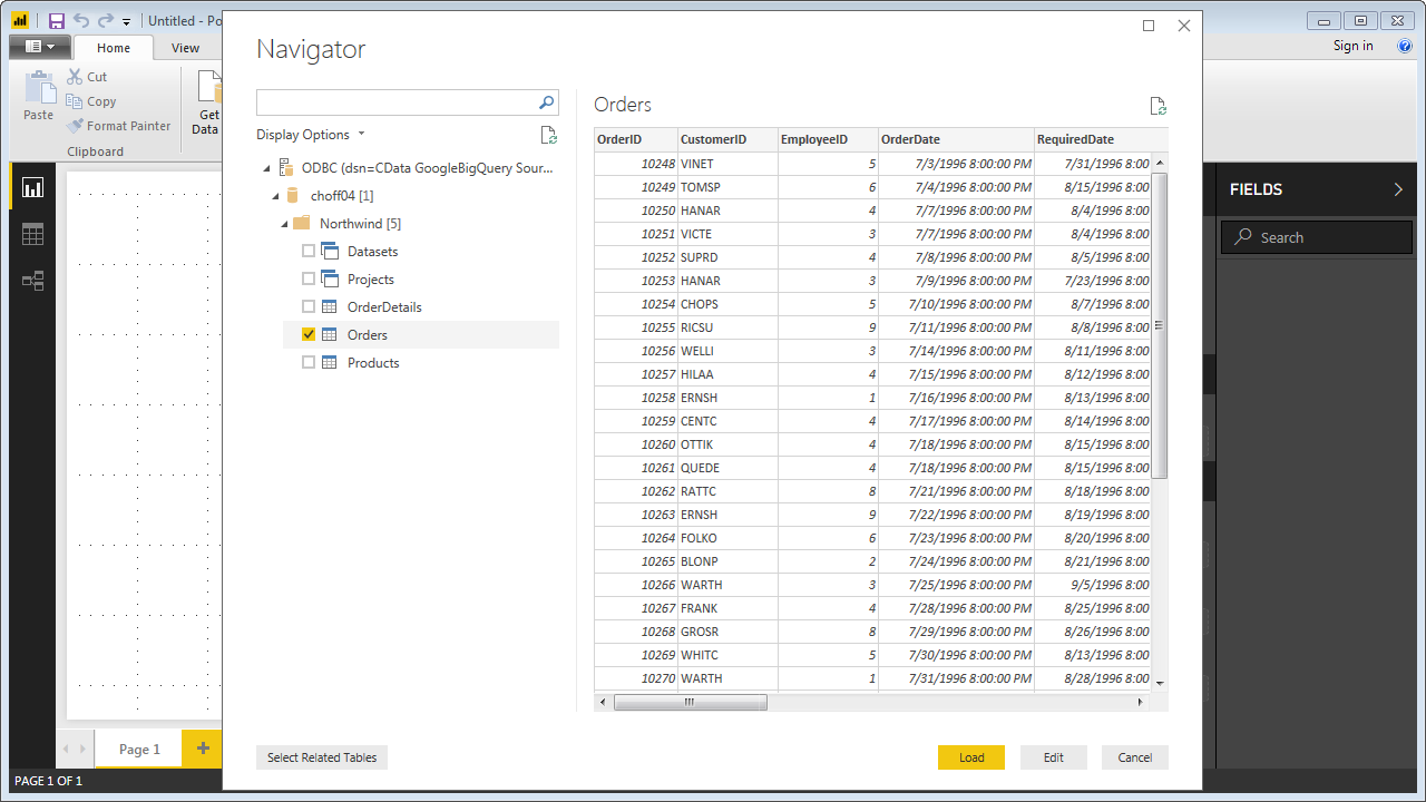 The available tables.