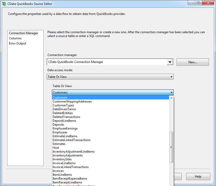 QuickBooks tables in the source editor.