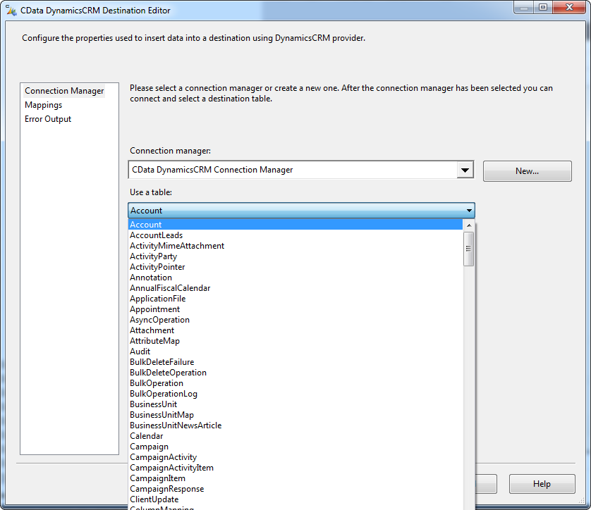 Tables of the entities in your Dynamics CRM organization.