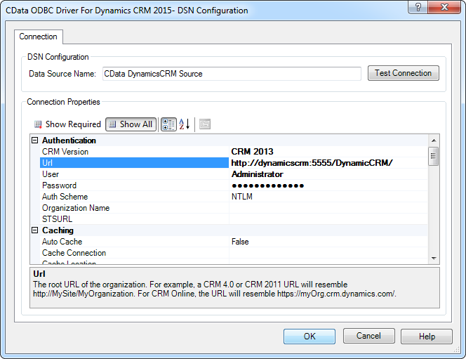 A DSN for Dynamics CRM in the ODBC Administrator.