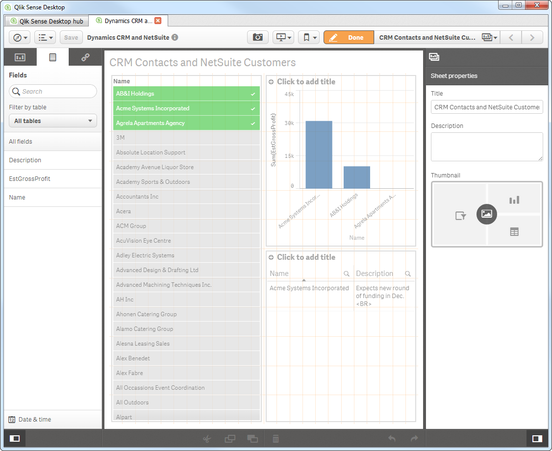 Designing data visualizations with a logical table that blends NetSuite invoices and Dynamics CRM accounts.
