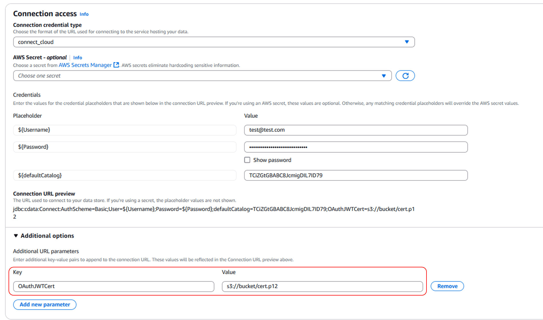 Configure OAuthJWT Certificate in AWS Glue Connection