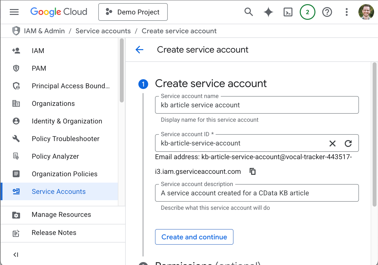Configuring the service account (name, ID, and description)