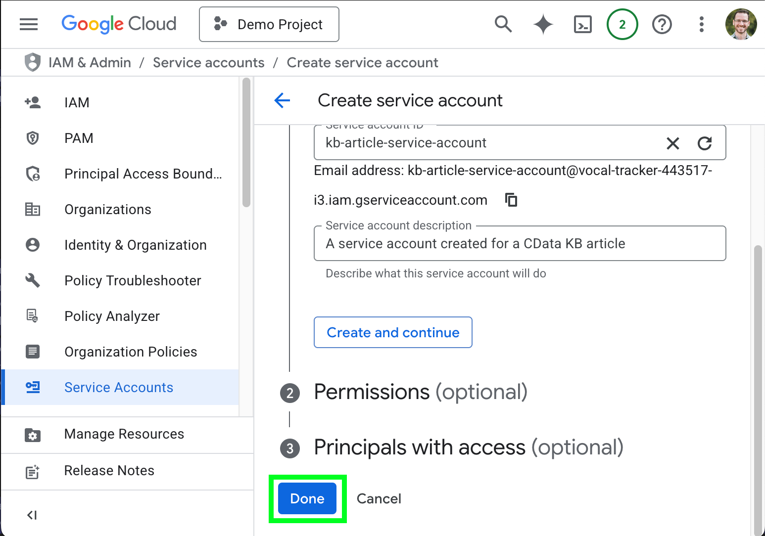 Finishing the service account configuration