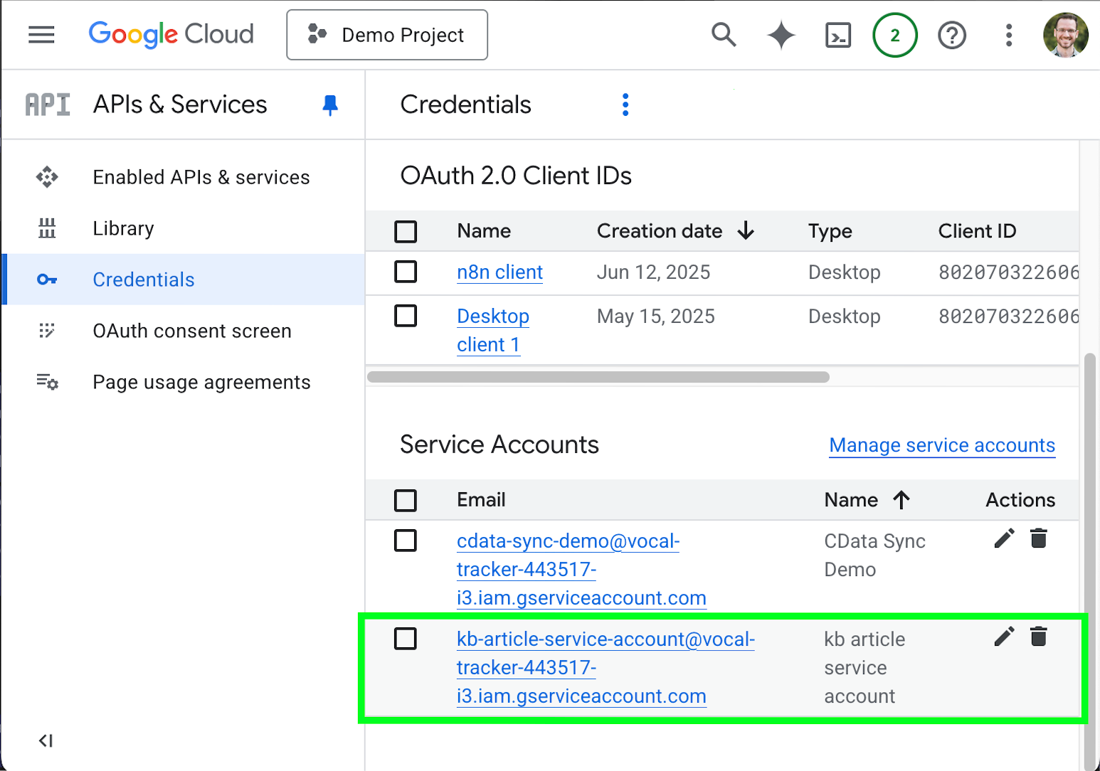Selecting the newly created service account from the Credentials page.