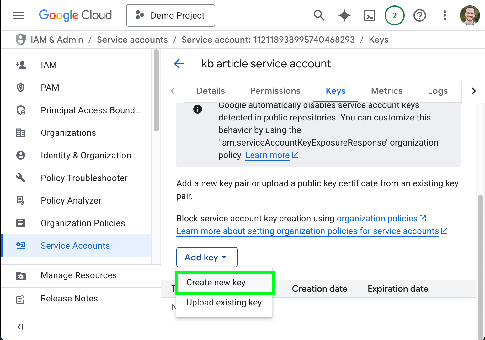 Creating a new key for the service account.