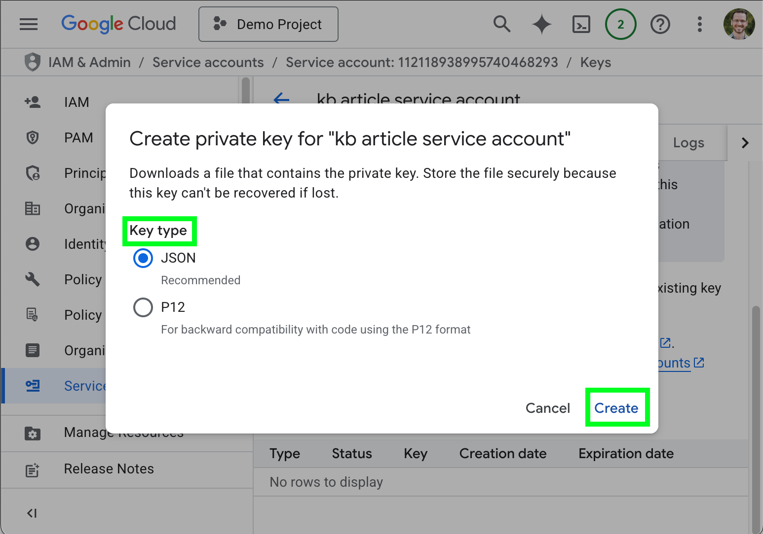 Selecting a key type and creating the key.