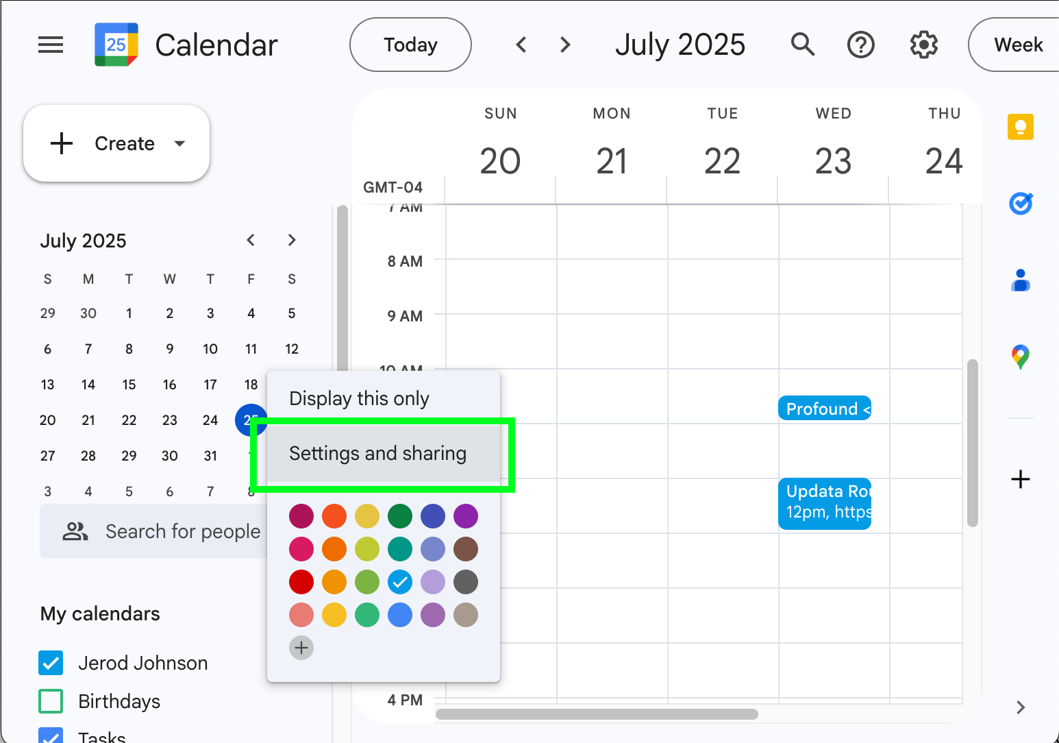 Opening settings and sharing for a calendar