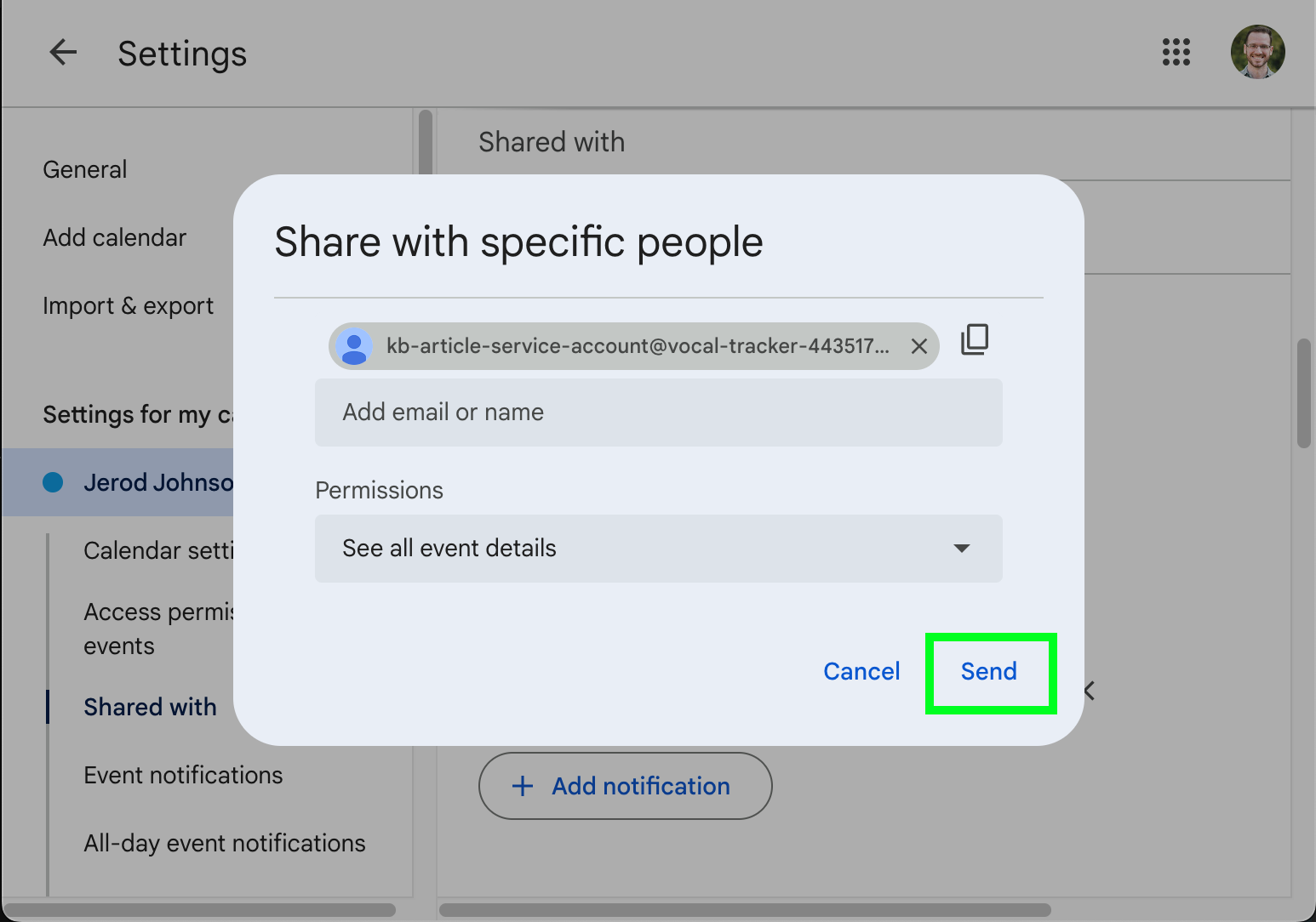 Sharing the calendar with the service account