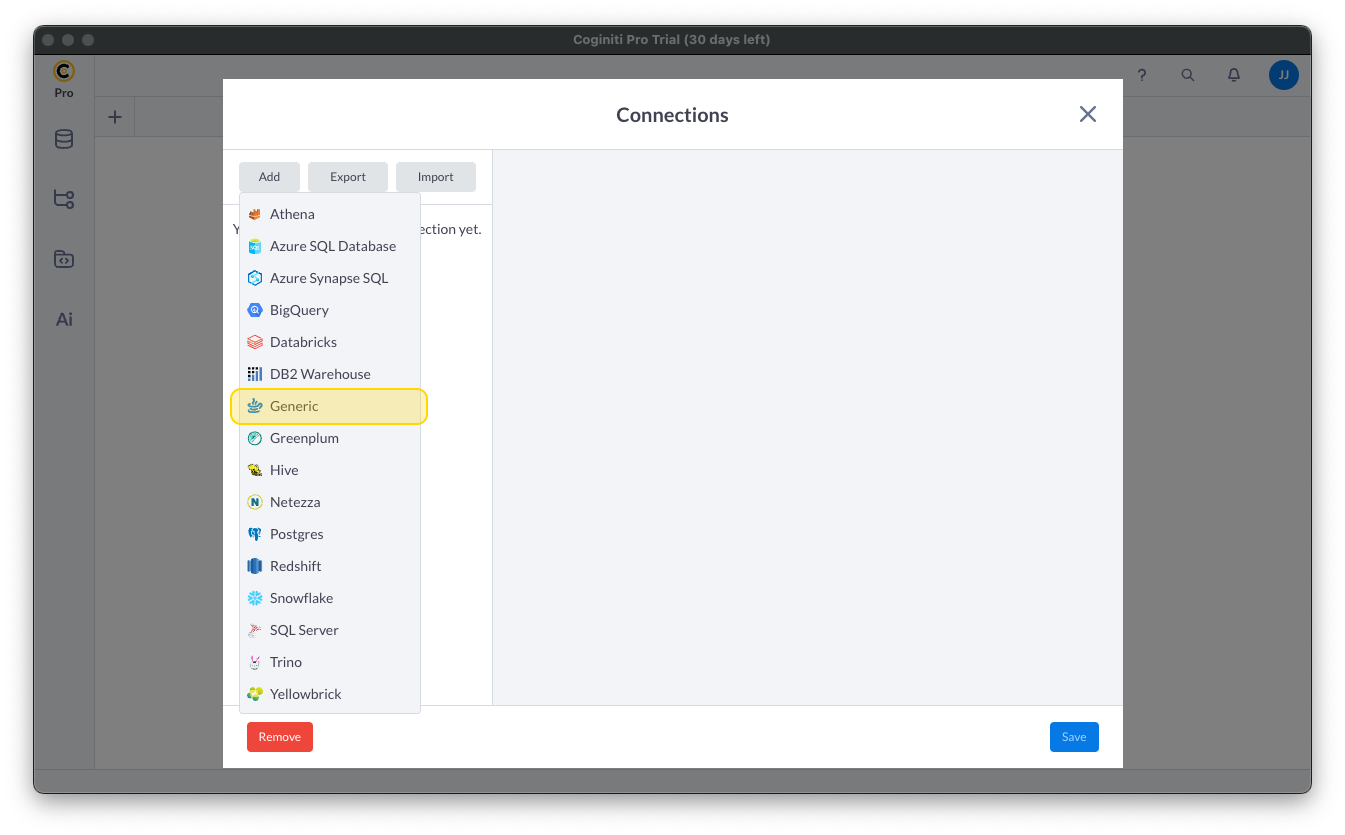 Adding a Generic JDBC Connection.