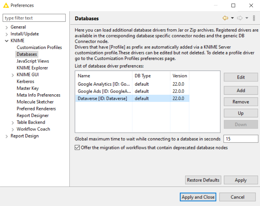 CData drivers added to a KNIME workflow.