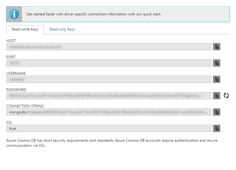 Azure Cosmos DB Connecting String Properties.