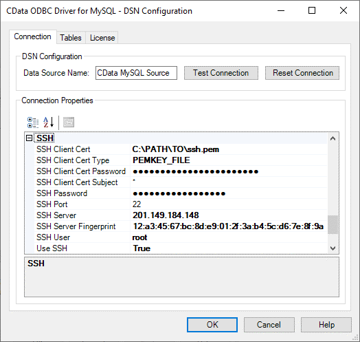 Configuring the SSH client in the ODBC Driver