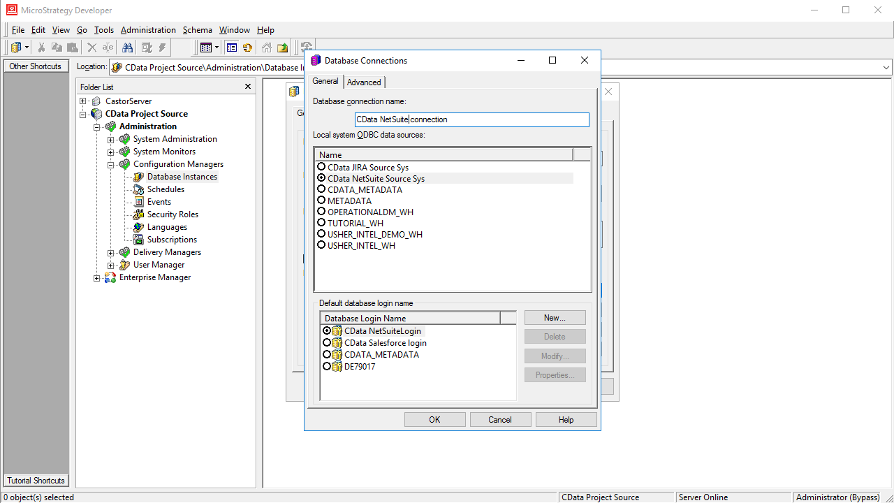 Choosing the DSN for the database connection.