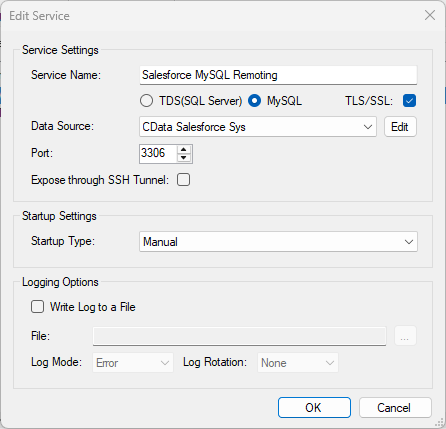 Creating a MySQL Remoting Service in SQL Gateway (Salesforce is shown)