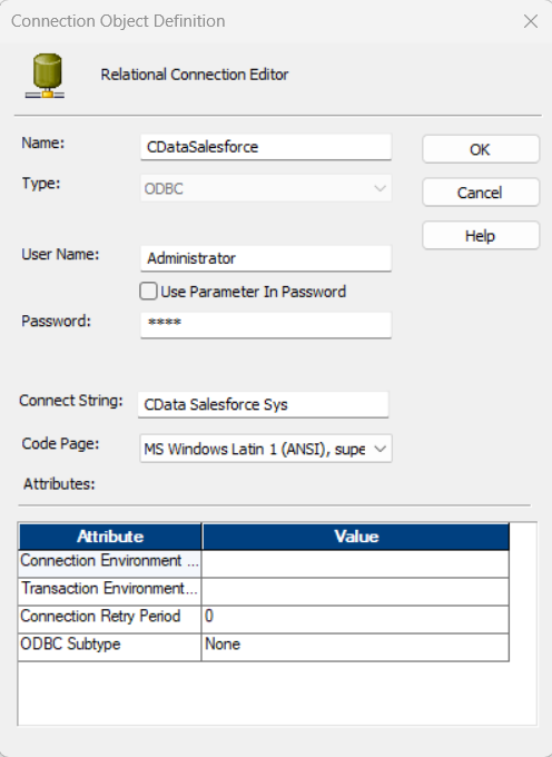 Relational Connection Editor. (Salesforce is shown.)