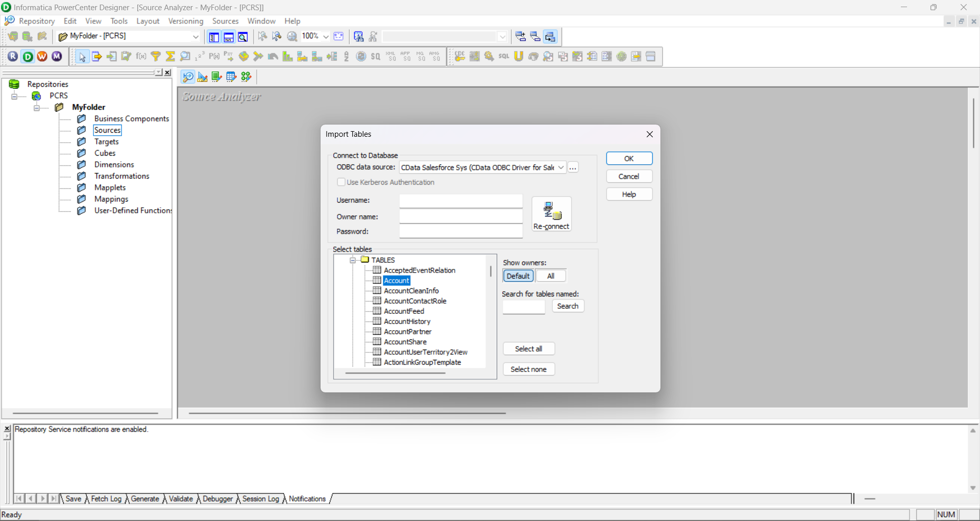 Select DSN and Tables/Views to Import. (Salesforce is shown.)