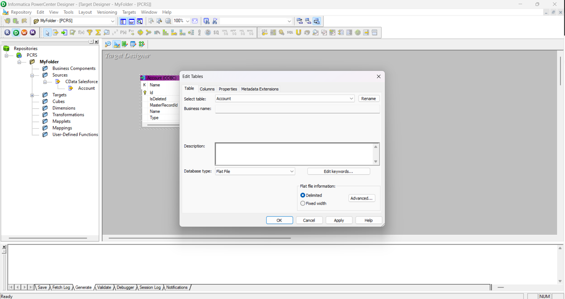 Create a Flat File target for the Workflow. (Salesforce is shown.)