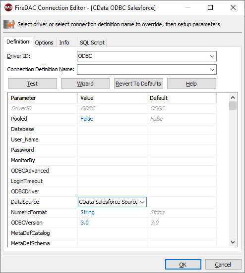 Setting the Connection Parameters. (Salesforce is shown.)