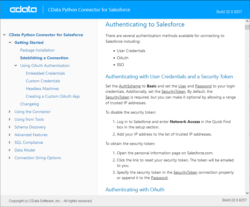 Required connection properties as found in the Help documentation.