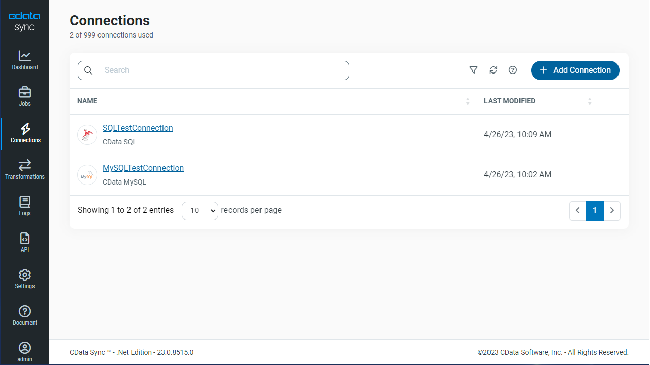 Configured connections in CData Sync
