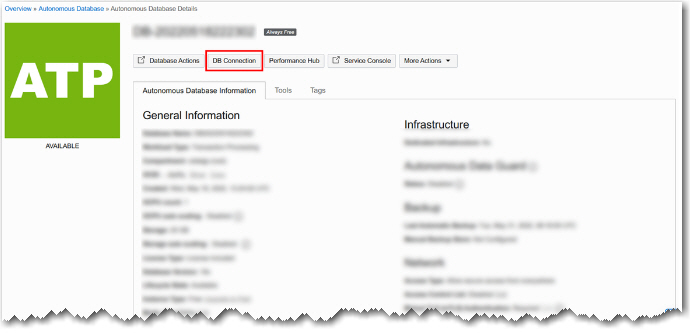 The DB Connection tab in Oracle Cloud