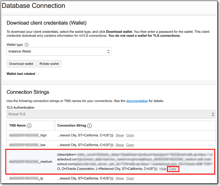 Copying the connection string